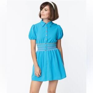 NWT Smak Parlour Retro Blue & Rainbow Smocked  Heart Babydoll Tunic Dress S